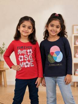 3PIN - Girls Cotton Full Sleeve Multi-Color T-Shirts (Pack of 2)