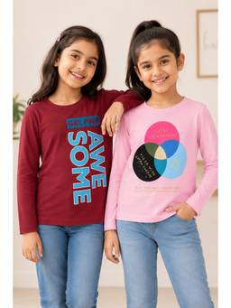 3PIN - Girls Cotton Full Sleeve Multi-Color T-Shirts (Pack of 2)