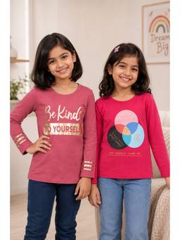 3PIN - Girls Cotton Full Sleeve Multi-Color T-Shirts (Pack of 2)