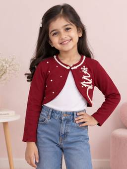KiddoPanti - Girls Cotton Fleece Full Sleeve Crop Shrug