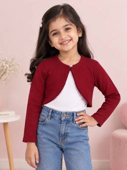 KiddoPanti - Girls Cotton Fleece Full Sleeve Solid Crop Shrug