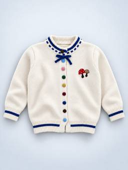 Little Surprise Box - Cream and Blue Bow Mushroom Knitted Winter Cardigan