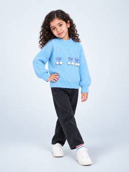Little Surprise Box - Blue Bow and Pom-Pom Knitted Winter Sweater