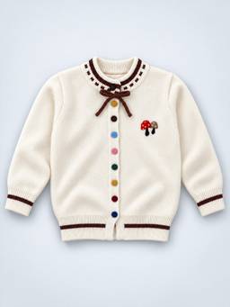 Little Surprise Box - Cream and Brown Bow Mushroom Knitted Winter Cardigan