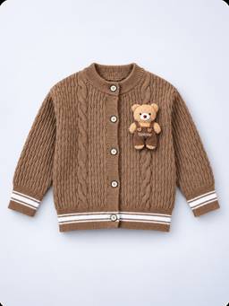 Little Surprise Box - Brown Cable-Knit Winter Cardigan with Detachable Teddy Clip