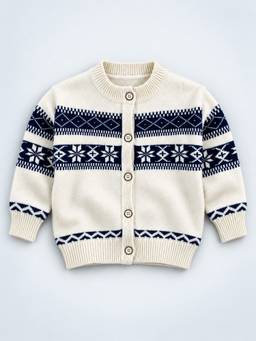 Little Surprise Box - Cream and Navy Blue Nordic Pattern Winter Cardigan