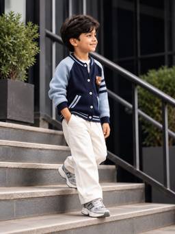 Little Surprise Box - Navy Blue and Grey Bear Varsity-Style Winter Cardigan
