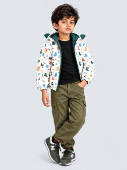 Little Surprise Box - Cream and Green Baby Dino Quilted Hooded Winter Jacket