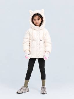 Little Surprise Box - Ivory Cat Glitter Quilted Hooded Winter Jacket with Mittens