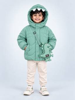 Little Surprise Box - Mint Green Dino-Themed Quilted Hooded Winter Jacket With Bag