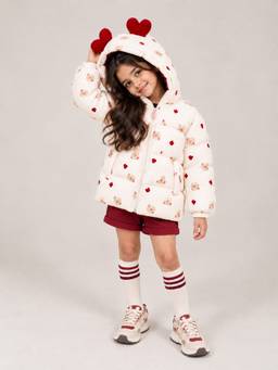 Little Surprise Box - Cream and Maroon Heart Teddy Quilted Hooded Winter Jacket