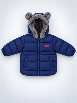 Little Surprise Box - Navy Blue Bear-Ear Faux-Fur Hooded Quilted Winter Jacket