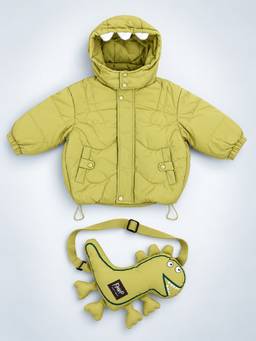 Little Surprise Box - Olive Green Dino-Themed Quilted Hooded Winter Jacket With Bag