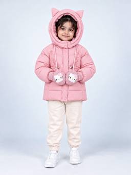 Little Surprise Box - Pink Cat Glitter Quilted Hooded Winter Jacket with Mittens