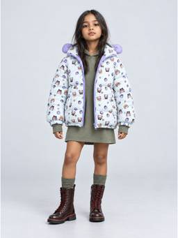 Little Surprise Box - Cream and Purple Happy Girl Quilted Hooded Winter Jacket