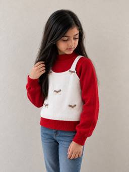 Little Surprise Box - Cream Lil Bows jacket Layered-Look Winter Christmas Sweater
