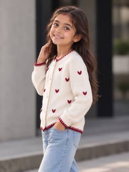 Little Surprise Box - Cream and Maroon Mini Hearts Knitted Winter Cardigan