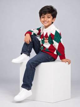 Little Surprise Box - Red Argyle Pattern Knitted Winter Sweater