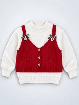Little Surprise Box - Cream and Red Bow Clip jacket Layered Look Winter Christmas Sweater