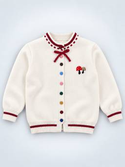 Little Surprise Box - Cream and Red Bow Mushroom Knitted Winter Christmas Cardigan