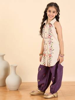 StyloBug - Girls Embroidered A-Line Kurta With Salwar Off-White