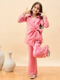 StyloBug - Girls Solid Shirt Collar Party Wear Co-Ord Set Pink