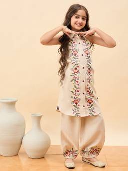 StyloBug - Girls Embroidered Shirt Kurta With Salwar Off-White