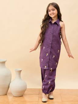 StyloBug - Girls Embroidered Shirt Kurta With Salwar Purple