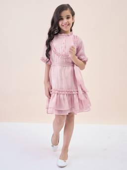 StyloBug - Girls Solid Round Neck Party Wear Knee Length Dress With Belt