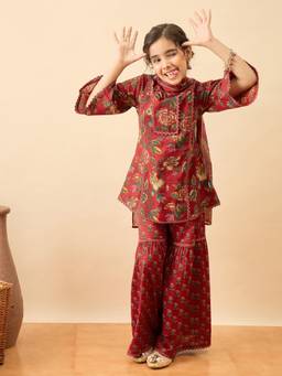 StyloBug - Girls Floral Print Kurta With Palazzo & Dupatta- Maroon