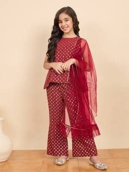 StyloBug - Girls All over Print Kurta With Palazzo & Dupatta Maroon
