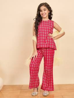 StyloBug - Girls All over Print Kurta With Pant & Dupatta Red