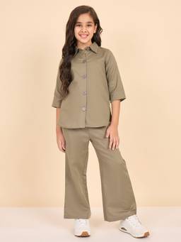 StyloBug - Girls Solid Shirt Collar Grey Co-Ord Set