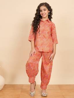 StyloBug - Girls Printed Shirt Collar orange Co-Ord Set