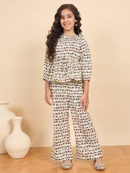 StyloBug - Girls Printed Round Neck Co-Ord Set Off-White