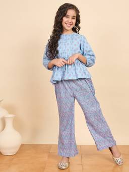 StyloBug - Girls Printed Round Neck Co-Ord Set Blue
