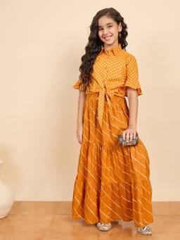 StyloBug - Girls Printed Shirt Collar Mustard Shirt with Skirt