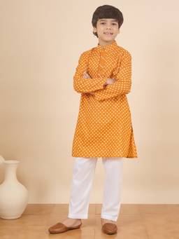 StyloBug - Boys Bandhani Print A-Line Kurta & Pant Yellow