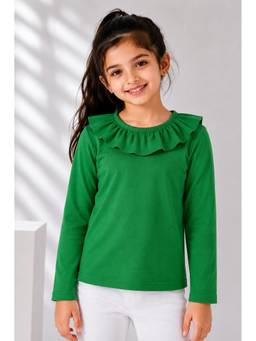 AWW HUNNIE - Girls Solid Full Sleeves Round Neck Cotton Top - Green