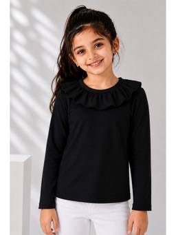 AWW HUNNIE - Girls Solid Full Sleeves Round Neck Cotton Top - Black