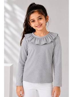 AWW HUNNIE - Girls Solid Full Sleeves Round Neck Cotton Top - Grey
