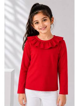 AWW HUNNIE - Girls Solid Full Sleeves Round Neck Cotton Top - Red