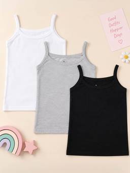 KiddoPanti - Girls Cotton Knit Solid Multi-Color Camisole (Pack Of 3)