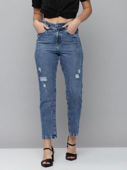 SHOWOFFFF - Womens High-rise Blue Low Distress Jeans
