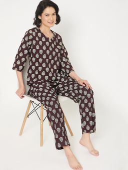 Clovia - Rayon Floral Printed Top and Pyjama Purple (Set of 2)