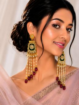 ADIVA - Gold-Plated Green Kundan Floral Motif Maroon Beaded Pearl Earrings