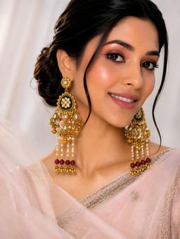 ADIVA - Gold-Plated Green Kundan Floral Motif Maroon Pearl Beaded Kashmiri Earrings
