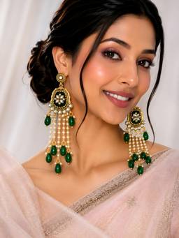 ADIVA - Gold-Plated Green Kundan Floral Motif Pearl Beaded Earrings