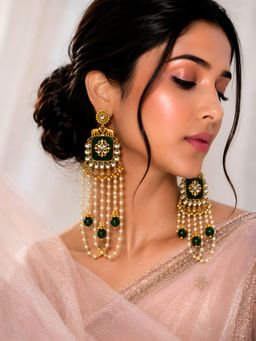 ADIVA - Gold-Plated Green Kundan Elephant Motif Pearl Beaded Earrings
