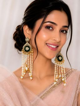 ADIVA - Gold-Plated Green Kundan Floral Motif Pearl Beaded Kashmiri Earrings